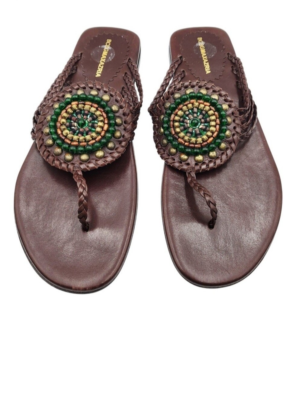BCBGMAXAZRIA Brown Leather Beaded Medallion Thong Sandals Made in Italy Size 8.5